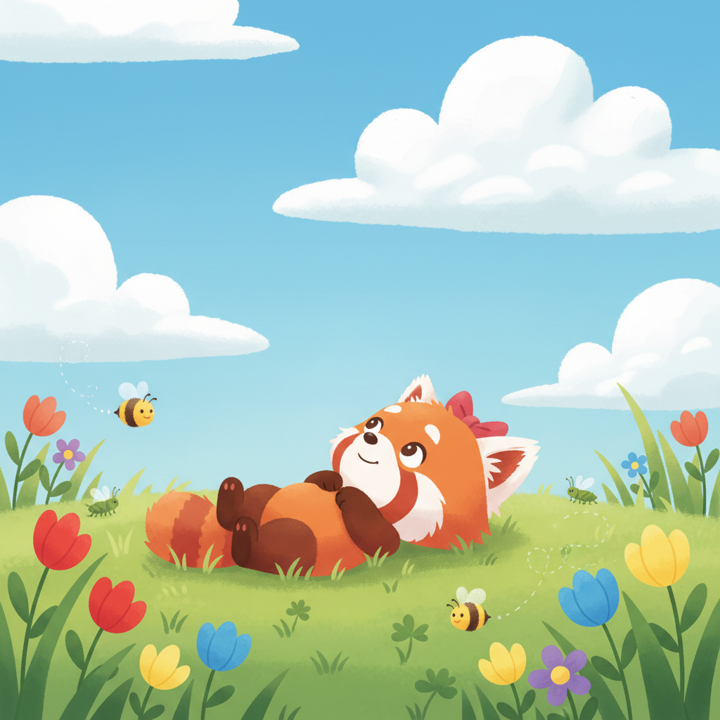 Sunny lies in the soft, green grass, gazing up at fluffy white clouds drifting across the clear blue sky. She listens closely to the gentle hum of busy bees visiting colorful flowers and the rhythmic chirping of hidden crickets. These sounds create a peaceful summer symphony all around her.