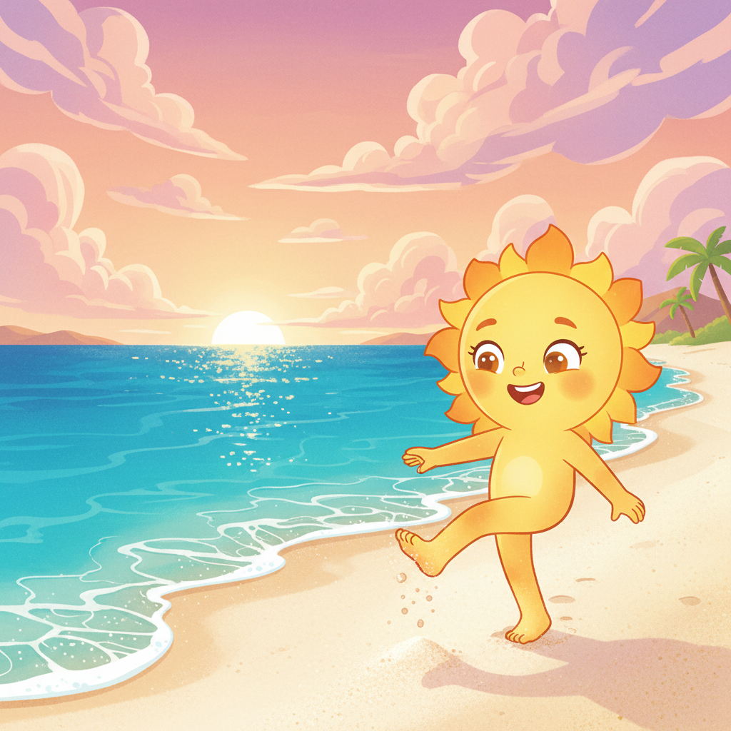 At the beach, Sunny wiggles her bare toes in the warm, powdery sand. The tiny grains feel soft and inviting between her toes, warmed by the sun. The vast, sparkling ocean stretches out before her, a mesmerizing blue.