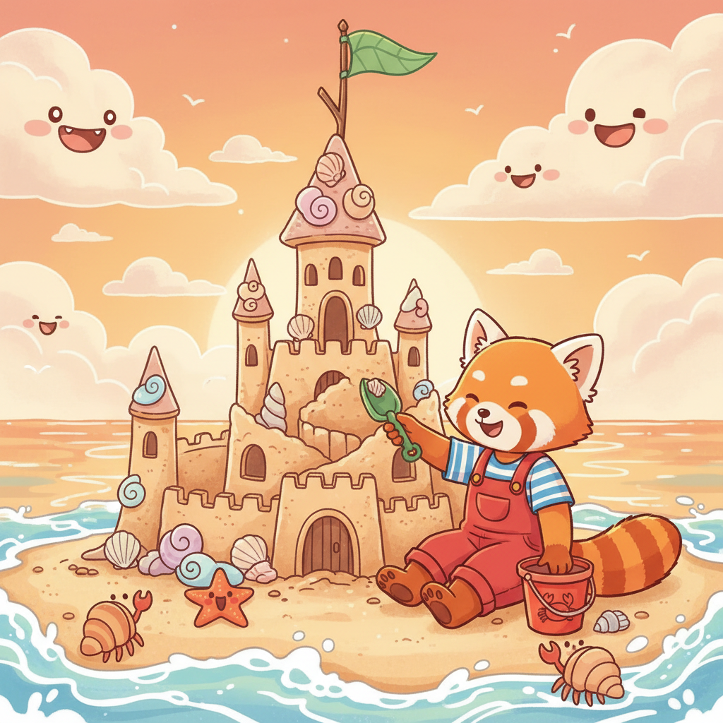 With her small shovel and bucket, Sunny carefully builds a magnificent sandcastle right by the water's edge. She adds delicate seashell decorations and a tall flag made from a twig. The gentle waves seem to cheer on her sandy creation.