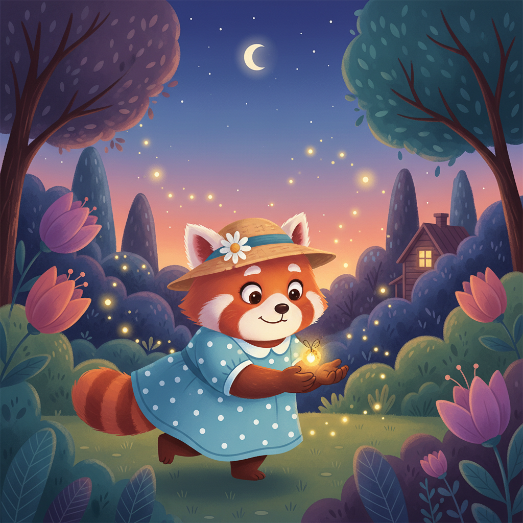 As dusk settles, Sunny tiptoes through her backyard, chasing tiny, blinking lights. She carefully cups her hands, catching a glowing firefly for a moment to admire its magic. Then, with a gentle whisper, she lets it fly free into the soft, warm night air.