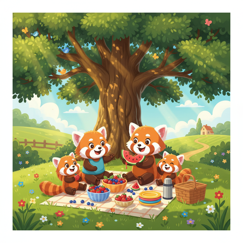 Sunny shares a delicious picnic with her family under the shade of a grand oak tree. Juicy watermelon slices and sweet, sun-ripened berries taste like pure sunshine. Laughter and happy chatter fill the air, making it a perfect summer memory.