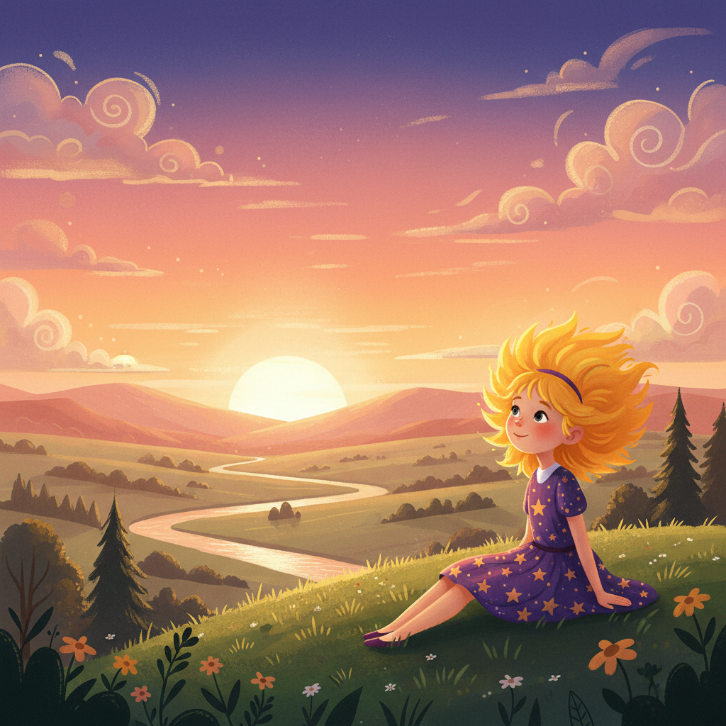 As the day ends, Sunny watches the sun dip below the horizon, painting the sky in breathtaking shades of fiery orange, soft pink, and deep purple. A gentle warmth lingers in the air, and she feels a peaceful happiness, knowing summer is full of wonderful feelings.
