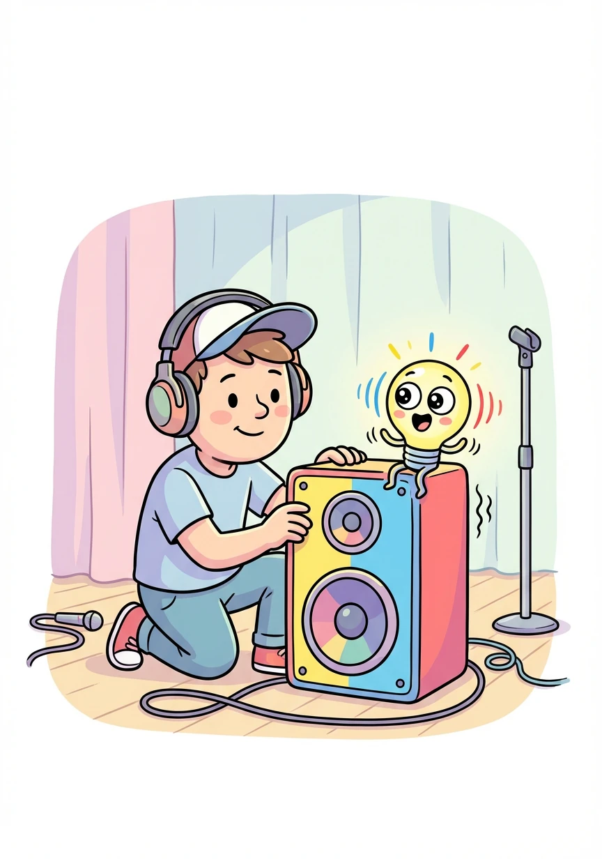 Der Tontechniker testet die Mikrofone und Lautsprecher. Lichti spürt die Vibrationen der Musik und beginnt, im Rhythmus zu blinken.