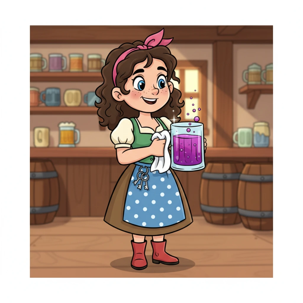 Pippa, the most cheerful barmaid in the Whispering Woods Tavern, polished her favorite, extra-large mug until it gleamed. This wasn't just any mug; it held her famous sparkling berry juice, loved by all the forest folk. She beamed, ready for a busy day of serving smiles and sweet sips.