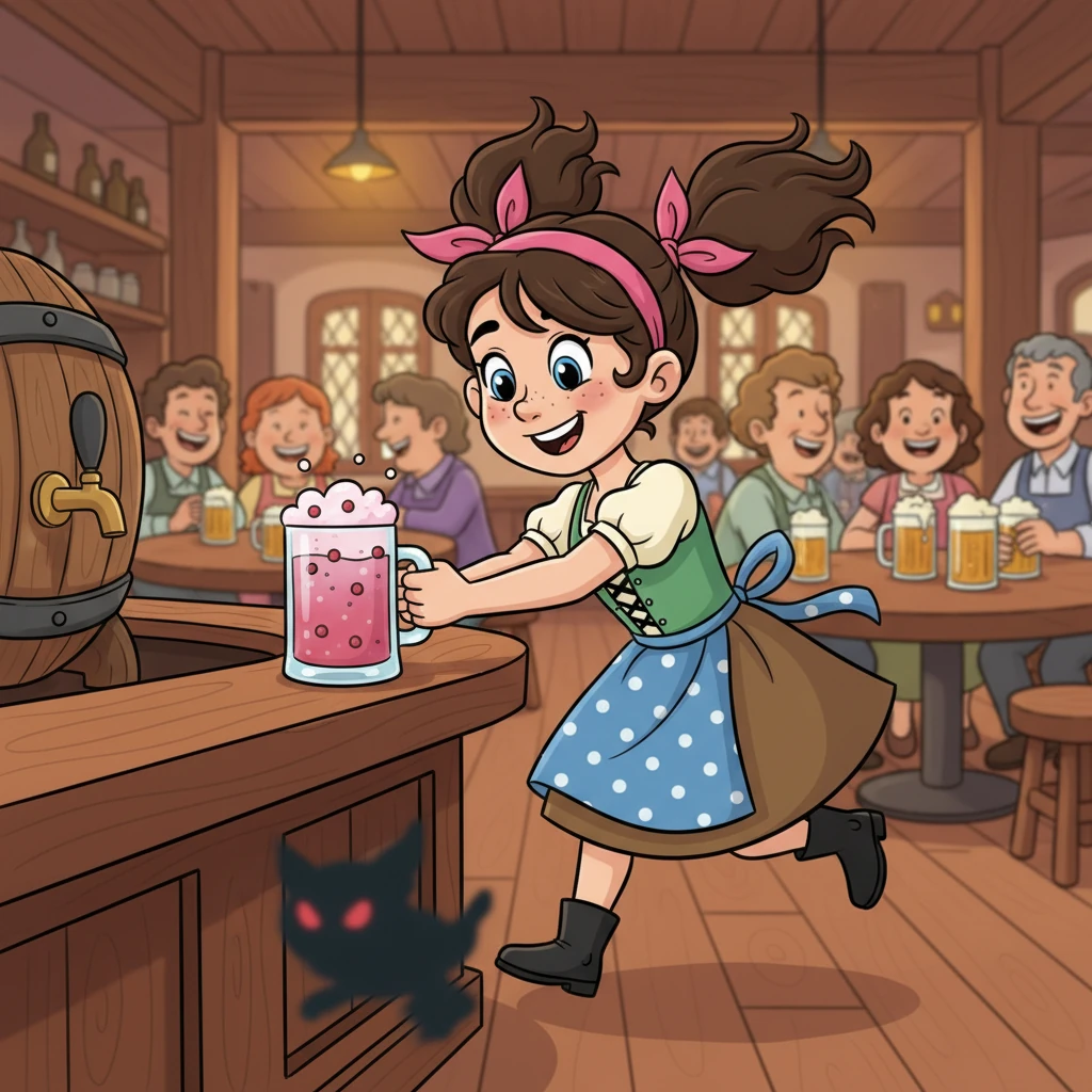 The tavern buzzed with laughter and chatter as Pippa zipped between tables, her pigtails bouncing. She carefully placed her special mug, brimming with frothy pink juice, on the counter for a moment to fetch a fresh batch of fizzy berries. A tiny shadow darted past, unnoticed.