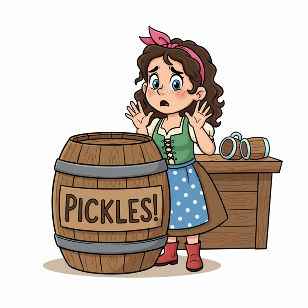 "Oh dear!" Pippa exclaimed, her eyes widening in surprise. Where had her magnificent mug gone? It wasn't on the counter, nor under it, and certainly not behind the giant pickle barrel. Her happy smile turned into a puzzled frown.