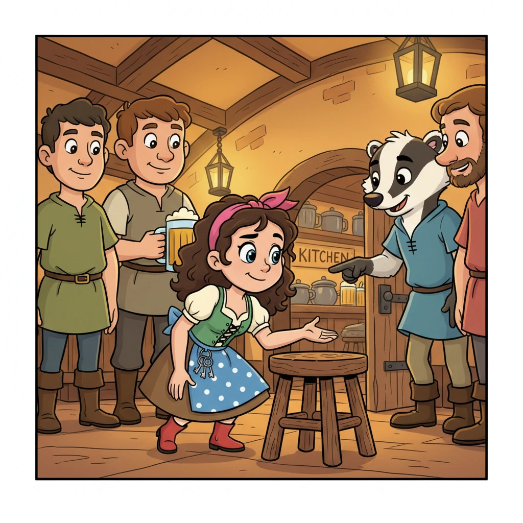 Pippa, determined, began her search right away. She peered under stools and behind tall patrons, asking if anyone had seen a very large, very shiny mug. A friendly, bushy-browed badger pointed a paw towards the bustling kitchen door.