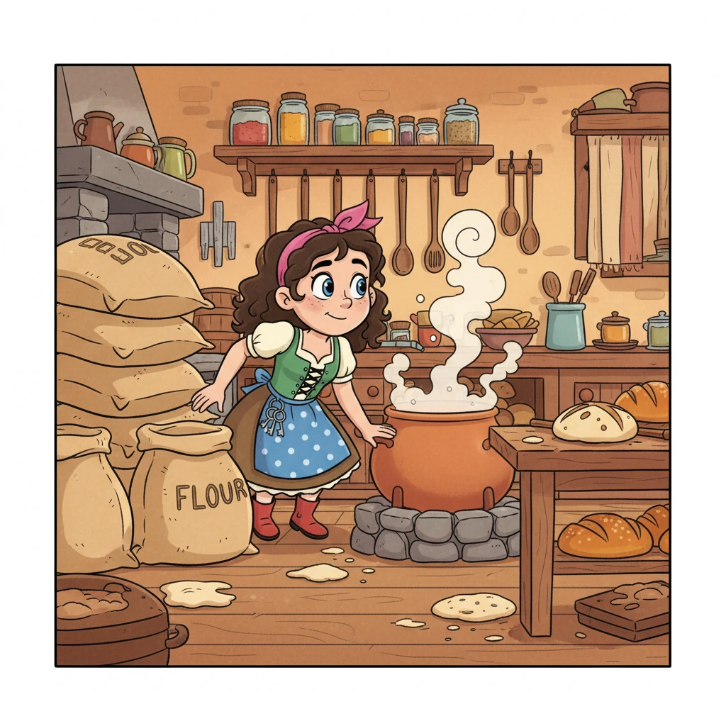 Following the badger's clue, Pippa tiptoed into the warm, doughy-smelling kitchen, a place she rarely visited. She peeked behind sacks of flour and around bubbling pots, her eyes scanning every nook and cranny. The kitchen was usually so orderly, but today, something felt different.