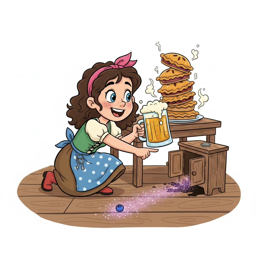 Near a stack of freshly baked pies, Pippa spotted it! A faint trail of shimmering, purple glitter led from a spilled berry and disappeared under a small, unused cupboard. Her heart fluttered with excitement; this was definitely a clue!