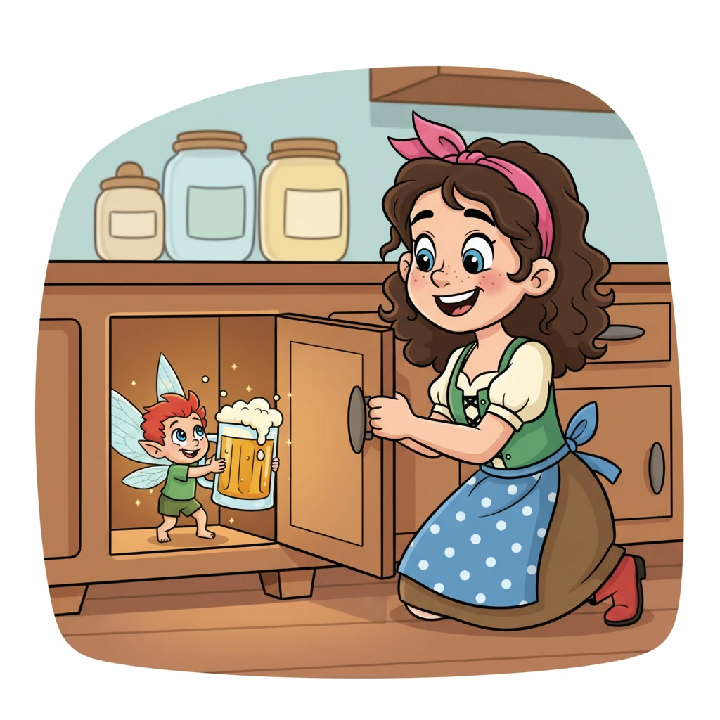 With a soft giggle, Pippa carefully opened the cupboard door. Inside, not a giant beast, but a tiny, mischievous little pixie with twinkling wings was trying to lift the enormous mug. The pixie was so small, it could barely get its arms around the shiny vessel.