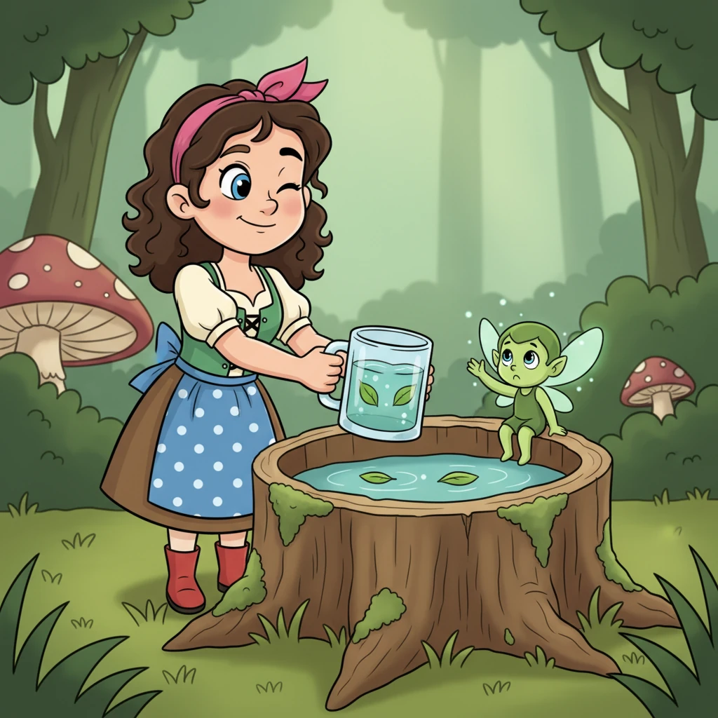 Gently, Pippa reached in and retrieved her mug, which was now filled with a bit of water and a few floating leaves. She gave the pixie a friendly wink, and the little creature, no longer startled, gave a shy, apologetic wave. Perhaps it just wanted a grand bath!