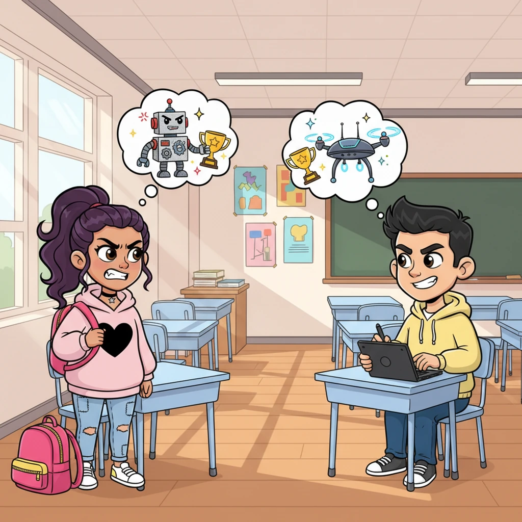 Maya, with her vibrant pink backpack slung over one shoulder, glares across the sun-drenched classroom at Liam, who is confidently sketching on his tablet. Their desks are comically far apart, but their exaggerated scowls meet in a silent battle over who will win the annual tech fair. A playful thought bubble above Maya’s head shows her robot winning, while Liam's shows his, both comically determined.