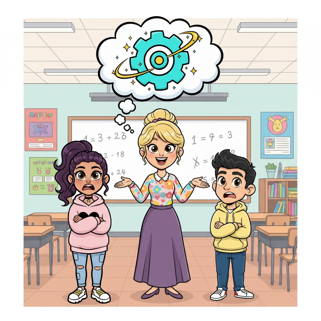 To their horror, their teacher, Ms. Gable, with her impossibly cheerful smile, announces they are partners for the national innovation challenge. Maya and Liam stand side-by-side, arms crossed, their faces comically mirroring each other's disgruntled expressions, a giant 'NO!' thought bubble floating between them. A whimsical, oversized gear icon illustrates their forced collaboration, spinning playfully.