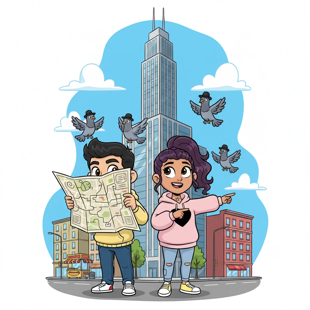 Their project takes them to Chicago, where Liam, looking a bit too confident in a bright yellow hoodie, tries to navigate a ridiculously complex map while Maya, rolling her eyes, points them in the opposite direction towards a towering, cartoonishly tall skyscraper. Pigeon characters with tiny fedoras flutter comically around their heads, adding to the urban chaos.