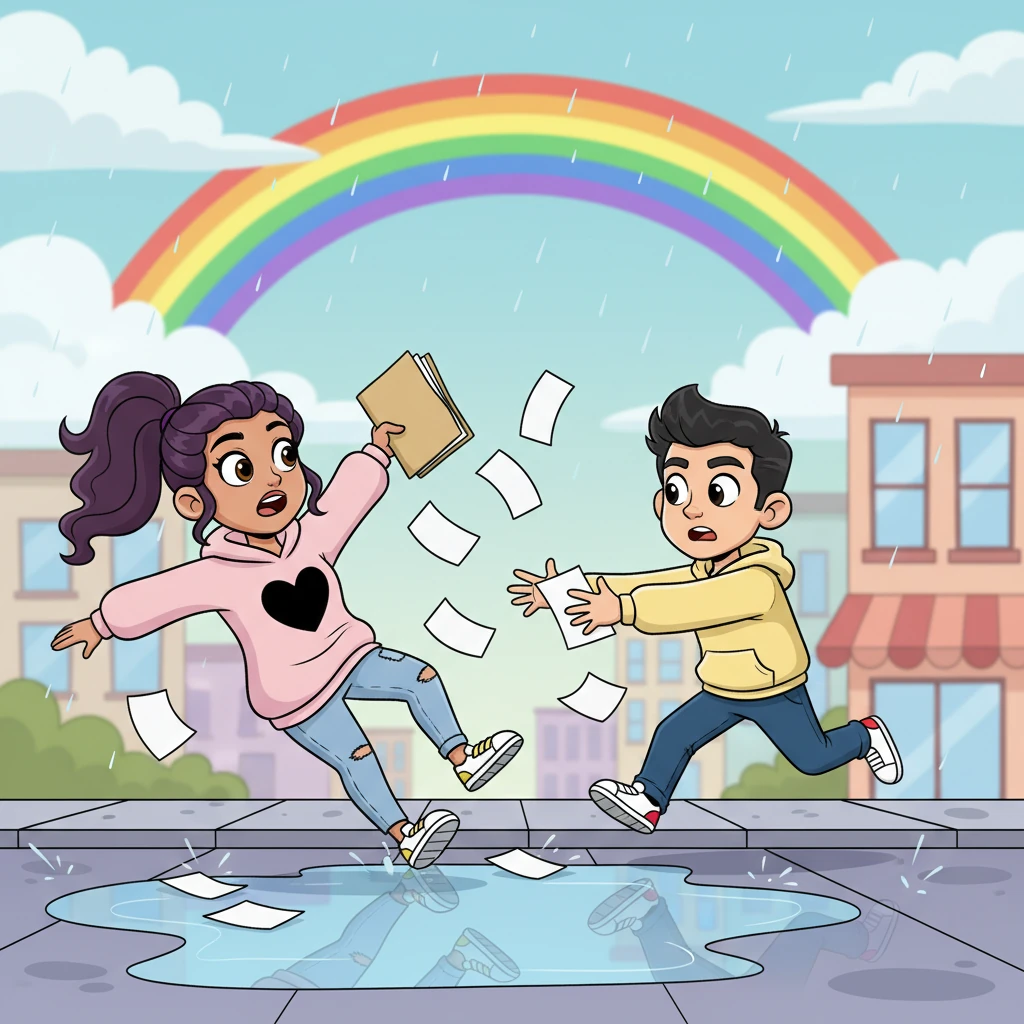 During a sudden downpour, Maya slips on a puddle, sending her notes flying across the sidewalk. Before she can even protest, Liam, with a surprising burst of speed, catches most of them, his usually smug expression replaced by a look of genuine concern. A vivid rainbow arch playfully appears above them as the rain begins to clear, painting the city streets with color.
