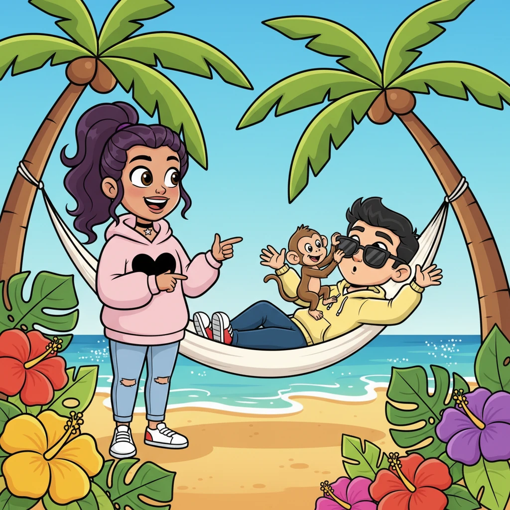 Weeks later, their families coincidentally end up at the same resort in Hawaii. Maya, initially surprised to see Liam lounging under a palm tree, can't help but crack a small, genuine smile as a tiny, mischievous monkey comically steals Liam's oversized sunglasses. The tropical background is bursting with exaggerated, colorful flowers and sparkling azure waves.