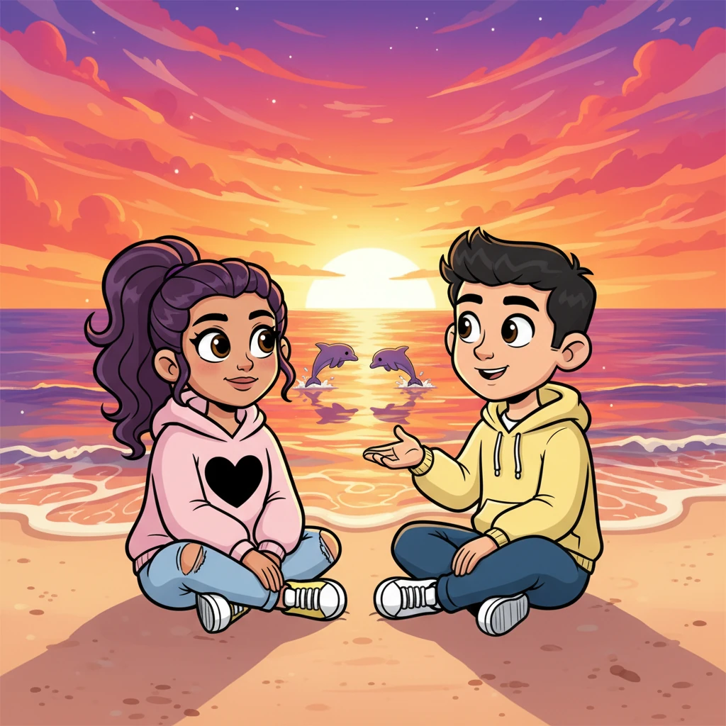 They find themselves sitting on a pristine beach, watching a breathtaking, cartoonishly vibrant sunset paint the sky in oranges and purples. Liam, usually so guarded, shares a quiet story about his childhood, and Maya listens intently, her eyes sparkling with a newfound understanding. Two friendly dolphins leap playfully in the distance, silhouetted against the colorful horizon.