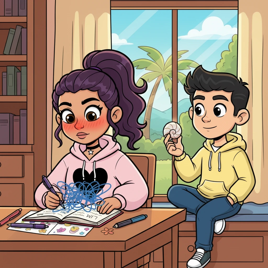 Back in California, the project is a success, but the rivalry feels different now, replaced by a strange longing. Maya catches herself doodling Liam's name in her notebook, then quickly scribbles over it with a comical blush that spreads across her cheeks. Liam, meanwhile, absentmindedly polishes a small, smooth shell he found in Hawaii, a thoughtful expression on his face.