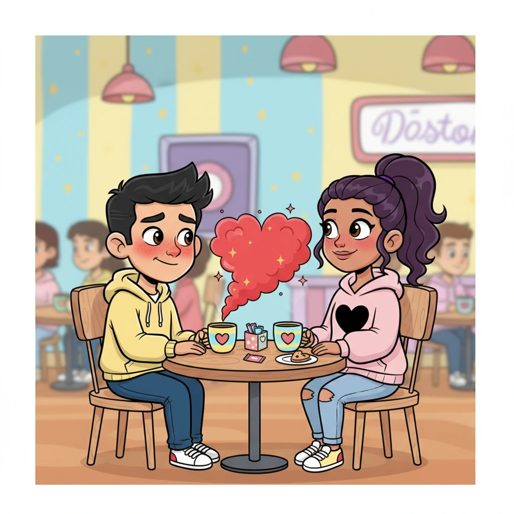 Liam nervously invites Maya for coffee at a brightly colored, whimsical cafe, its walls adorned with playful patterns. He fumbles with his words, but his sincerity shines through as he admits he misses their banter and, surprisingly, her company. Maya, her cheeks flushed, returns his shy smile, a giant heart-shaped steam rising from her coffee cup, symbolizing their budding feelings.