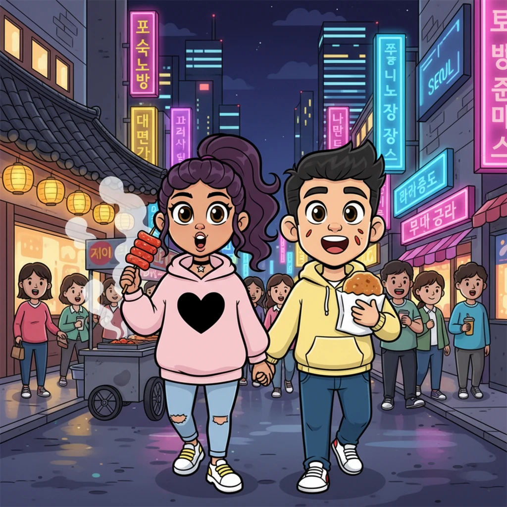 A year later, now in college, Maya and Liam are exploring the bustling, neon-lit streets of Seoul, South Korea, hand-in-hand. They laugh heartily as they try street food, their faces comically expressive with each new taste, from spicy tteokbokki to sweet hotteok. Traditional Korean architecture blends playfully with futuristic cityscapes in the background, creating a vibrant scene.