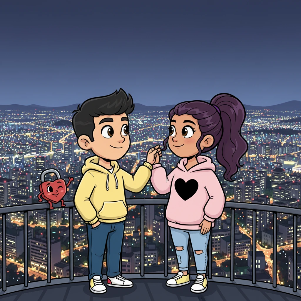 They stand atop Namsan Tower, looking out at the glittering expanse of Seoul, their figures silhouetted against the vibrant city lights. Liam gently tucks a strand of Maya's hair behind her ear, and they share a sweet, knowing smile, their future together as bright and boundless as the cityscape before them. A mischievous little love lock character winks from the railing, sealing their promise.
