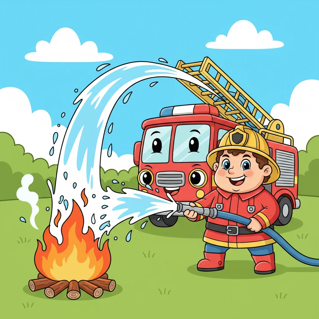 Whoosh! Water sprays to quench the fire.