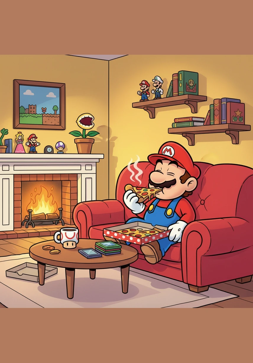 Mario sits comfortably on his plush red couch, snacking on popcorn while watching an episode of a magical academy show on his large television. On the screen, the stern Professor Anne Finnelan is lecturing three young students named Akko, Lotte, and Sucy for causing chaos with a fire alarm.