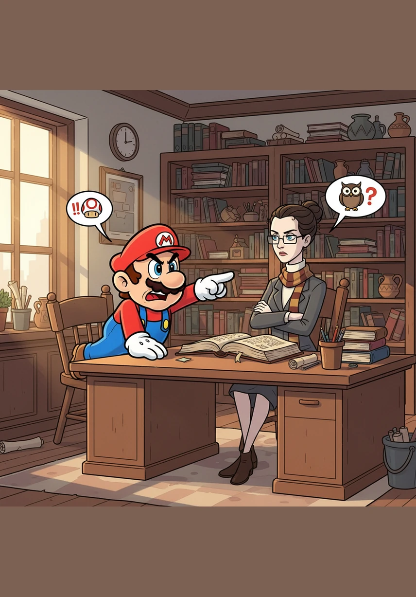 As the professor begins a long-winded speech about the gravity of their crimes, Mario loses his patience with her strict attitude. He stands up, points at the screen, and shouts, "Shut up, you b****ch!" right as she is about to ground the girls.