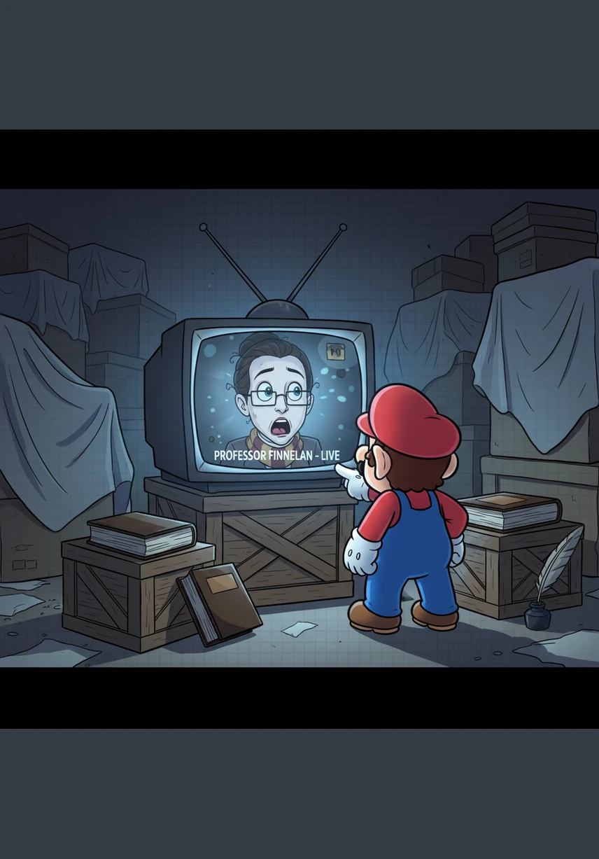 The television screen suddenly flickers, and Professor Finnelan stops speaking mid-sentence, her eyes narrowing with a sharp, piercing intensity. In the background of the show, other students like Hannah and Barbara begin to whisper nervously, sensing a shift in the magical atmosphere.