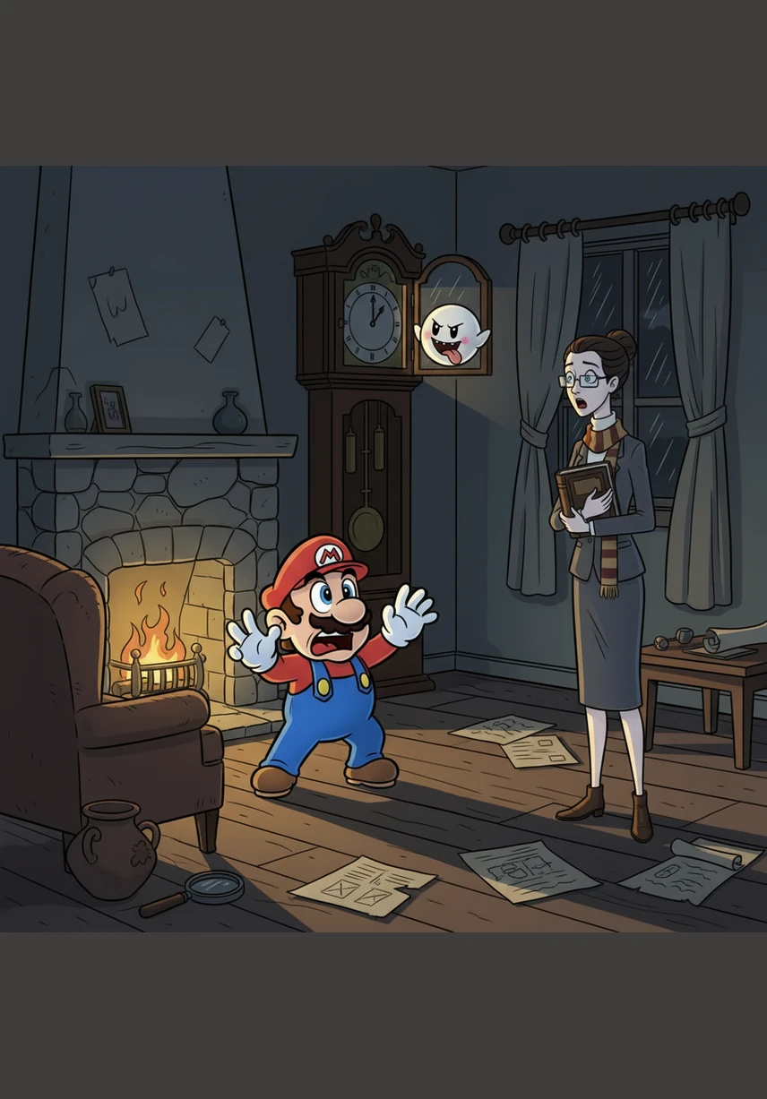 The professor leans forward until her face fills the entire TV screen, her voice dropping to a terrifyingly low growl as she asks, "WHO. SAID. THAT!!!!?" Mario freezes in his tracks, his heart racing as the animated character seems to look directly into his living room.