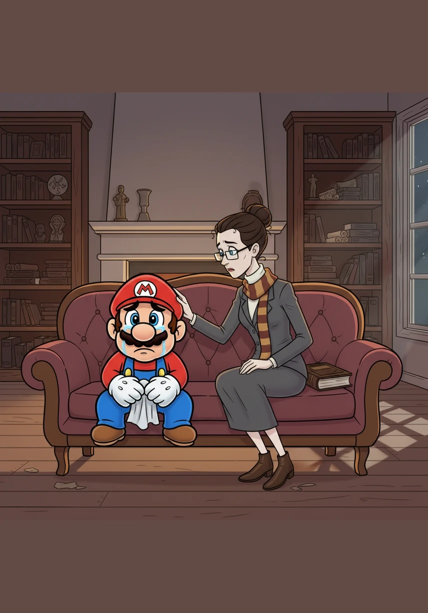 Mario trembles as the professor continues to describe him, stating clearly that she is talking to the man currently sitting on the couch. The boundary between the animated world and the real world begins to ripple like water as she glares with unbridled fury.