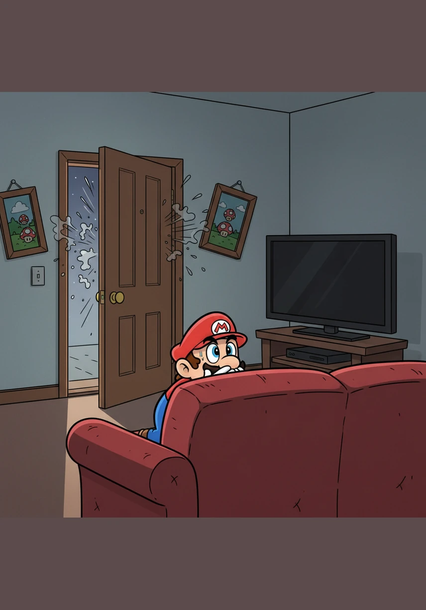 The TV screen goes dark for a moment before a thunderous knocking sound echoes from Mario's front door, shaking the pictures on his walls. Terrified, Mario ducks behind his sofa and whispers, "Uh... Nobody's home?" in a desperate attempt to stay hidden.