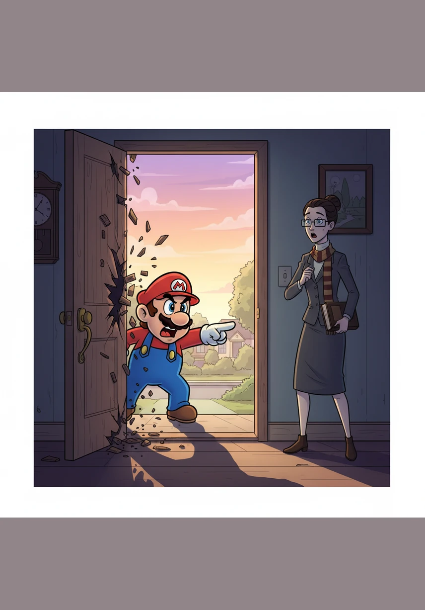 Suddenly, the front door is kicked open with a burst of magical energy, splintering the wood as Professor Finnelan marches into the house. She is shaking with rage, her face flushed red as she prepares to unleash a verbal storm upon the stunned plumber.