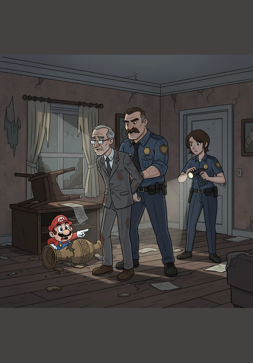 The officers quickly step in and arrest the professor, mistaking her intense disciplinary lecture for public disturbance and aggression. As she is escorted away in handcuffs, she turns back to Mario and shouts one final censored insult, leaving him alone in his quiet, broken living room.