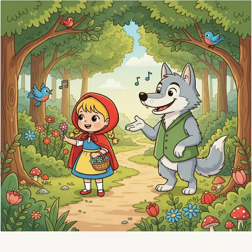 Enquanto caminhava, Chapeuzinho admirava as belas flores e ouvia o canto dos pássaros. De repente, ela encontrou um lobo sorridente no caminho. Ele a cumprimentou amigavelmente, perguntando para onde ela estava indo.