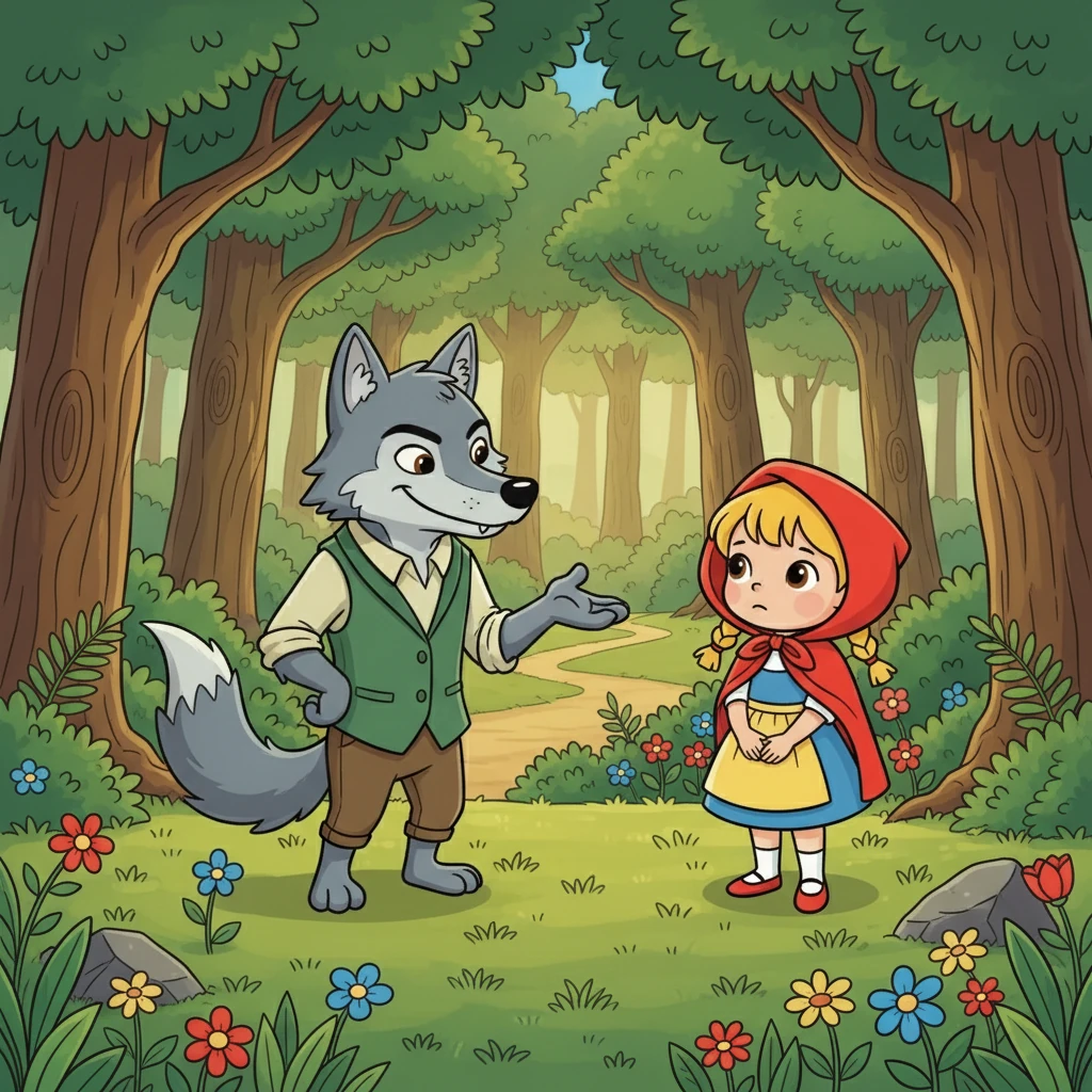 Esquecendo-se do conselho de sua mãe, Chapeuzinho Vermelho contou ao lobo sobre sua visita à vovó. O lobo, com uma ideia traiçoeira, sugeriu que ela colhesse flores para sua avó. Chapeuzinho, distraída, concordou.