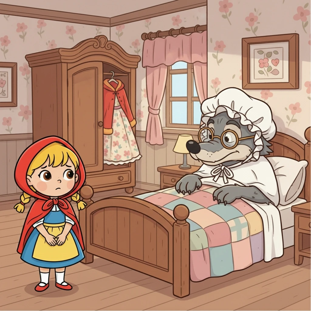 Enquanto Chapeuzinho colhia flores, o lobo correu para a casa da vovó e a trancou. Ele rapidamente a engoliu e se vestiu com as roupas dela, esperando a chegada da menina. Quando a menina chegou, ela estranhou a aparência da avó.