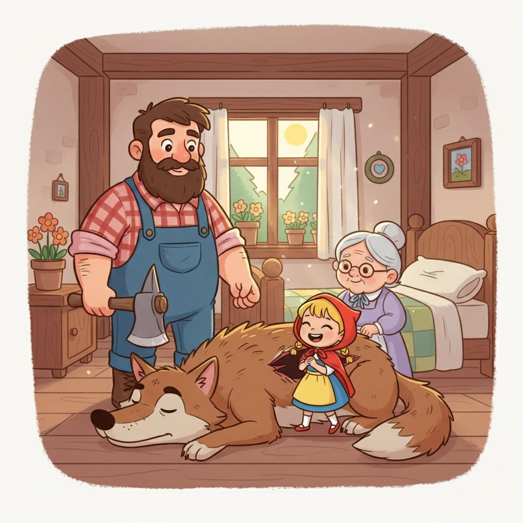 Um lenhador que passava ouviu os gritos de Chapeuzinho e correu para ajudar. Ele abriu a barriga do lobo e libertou a vovó e Chapeuzinho. Juntos, eles aprenderam a importância de ouvir os conselhos e tomar cuidado com estranhos, e viveram felizes para sempre.