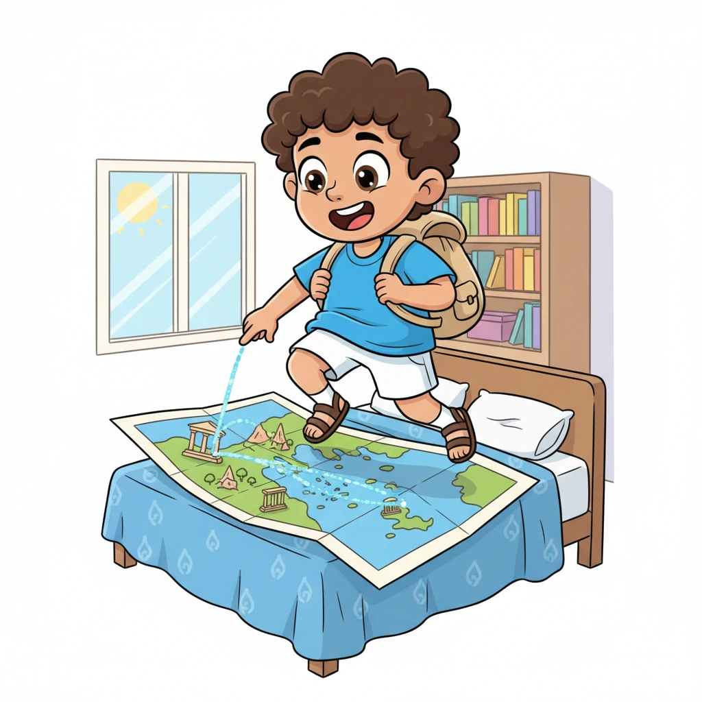 Niko, a bright-eyed boy with a backpack almost as big as him, bounced with excitement. He spread a colorful map of Greece across his bed, tracing shimmering blue lines to islands and ancient ruins. His heart thumped with anticipation for his big adventure.