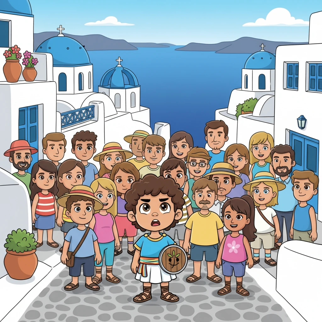 His first stop was Santorini, famous for its dazzling white houses and blue domes. But oh dear! The narrow paths were packed with people, making it hard to see the beautiful caldera. Niko felt a little squished and wished for more room to explore.