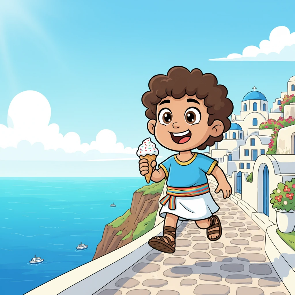 The next day, what a difference! Santorini felt calm and peaceful. Niko could skip along the paths, enjoy a yummy local treat, and take in the breathtaking views without feeling crowded. The bright blue sea sparkled happily below.