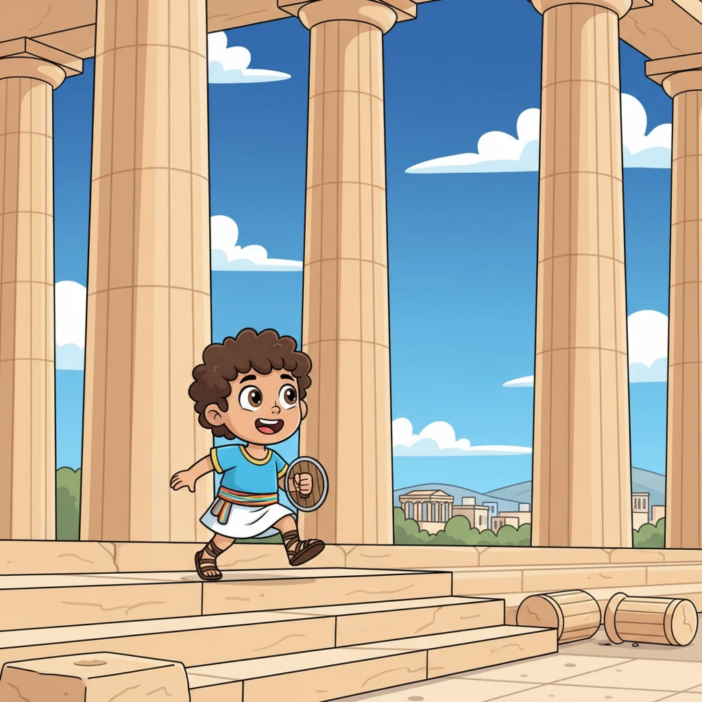 Niko climbed the grand steps, feeling like a tiny explorer among giants. He marveled at the Parthenon, imagining stories from long ago, all while enjoying the space and quiet. The ancient columns stood tall, looking proud and serene.