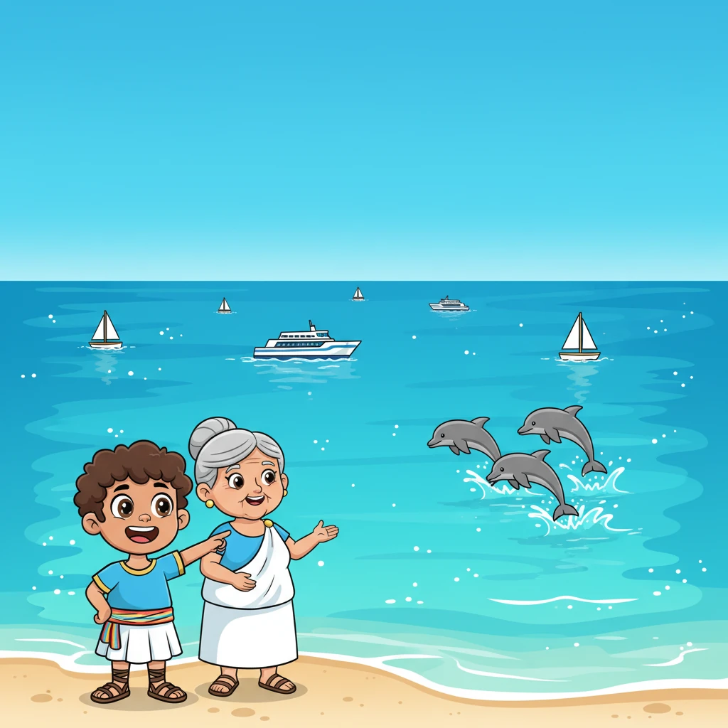 Later, by the sparkling sea, Niko saw fewer giant cruise ships. Yiayia Eleni explained that smaller ships or fewer big ones helped keep the water clean and the air fresh. Playful dolphins leaped in the clearer, happier waves.