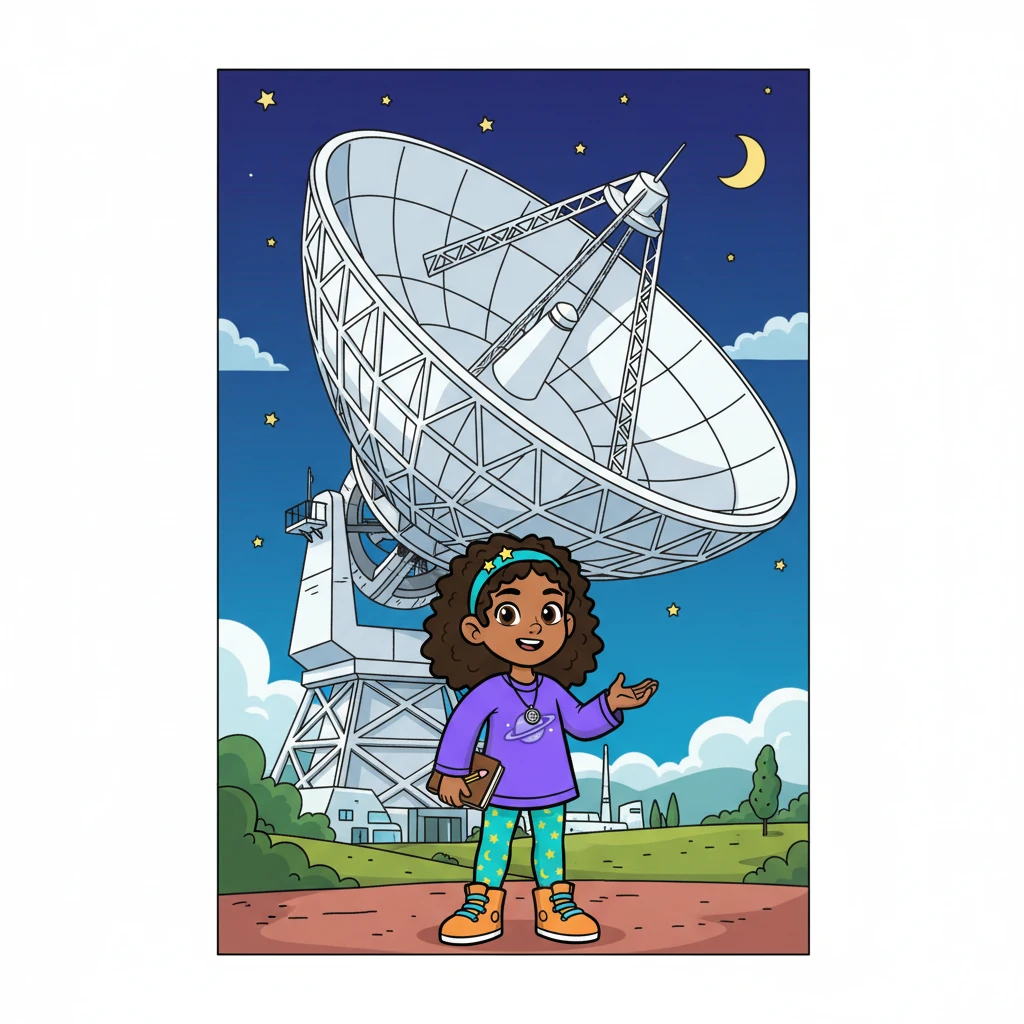Anya, a girl with bright eyes and a thirst for knowledge, gazed up at the enormous **radio dish** that dominated the landscape. Her **curiosity** was piqued by the whispers of a hidden message. She clutched her notebook, ready to uncover the truth.