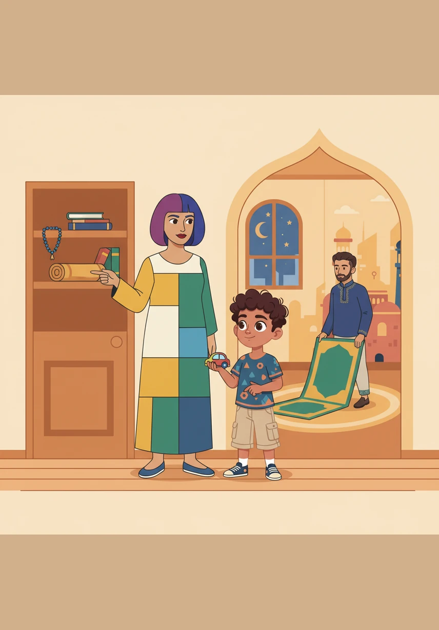 His mother kindly points to the shelf by the door, reminding him that keeping things tidy is an important part of their day. She explains that being organized shows respect for their home, especially when it is time for the family to prepare for prayer.
