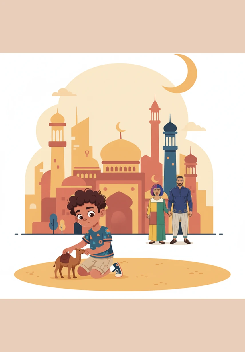 While his family enters the beautiful mosque for prayer, Omar stays outside to play with his small toy camel in the soft, golden sand. He enjoys the quiet afternoon, but he feels a little lonely watching his family go inside together.