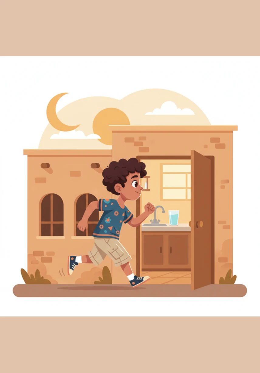 The next day, Omar rushes into the house to get a drink of water and suddenly trips over his own messy slippers. He falls onto the cool tiles with a surprised look, realizing that his own untidiness has caused him to stumble.