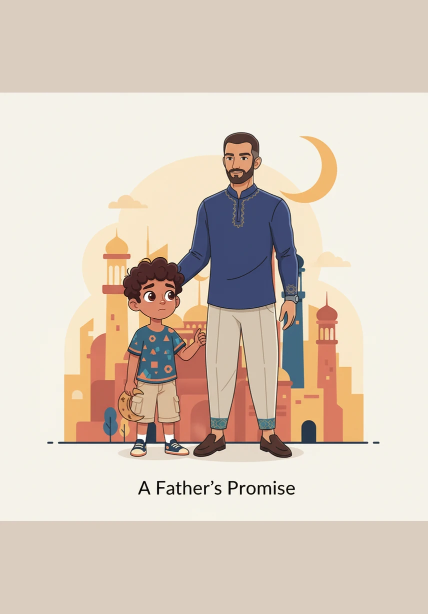 His father gently helps him up and asks if he is okay, offering a comforting hand and a warm smile. Omar rubs his sore knee and looks down at the slippers on the floor, thinking deeply about what happened.