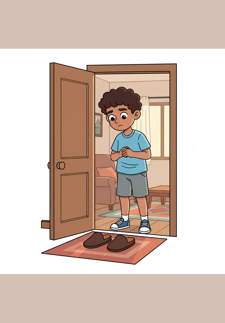 Omar stands by the door, looking thoughtfully at his bright blue slippers lying right in the middle of the walkway. He realizes that his mother was right all along about the importance of keeping their home tidy and safe for everyone.