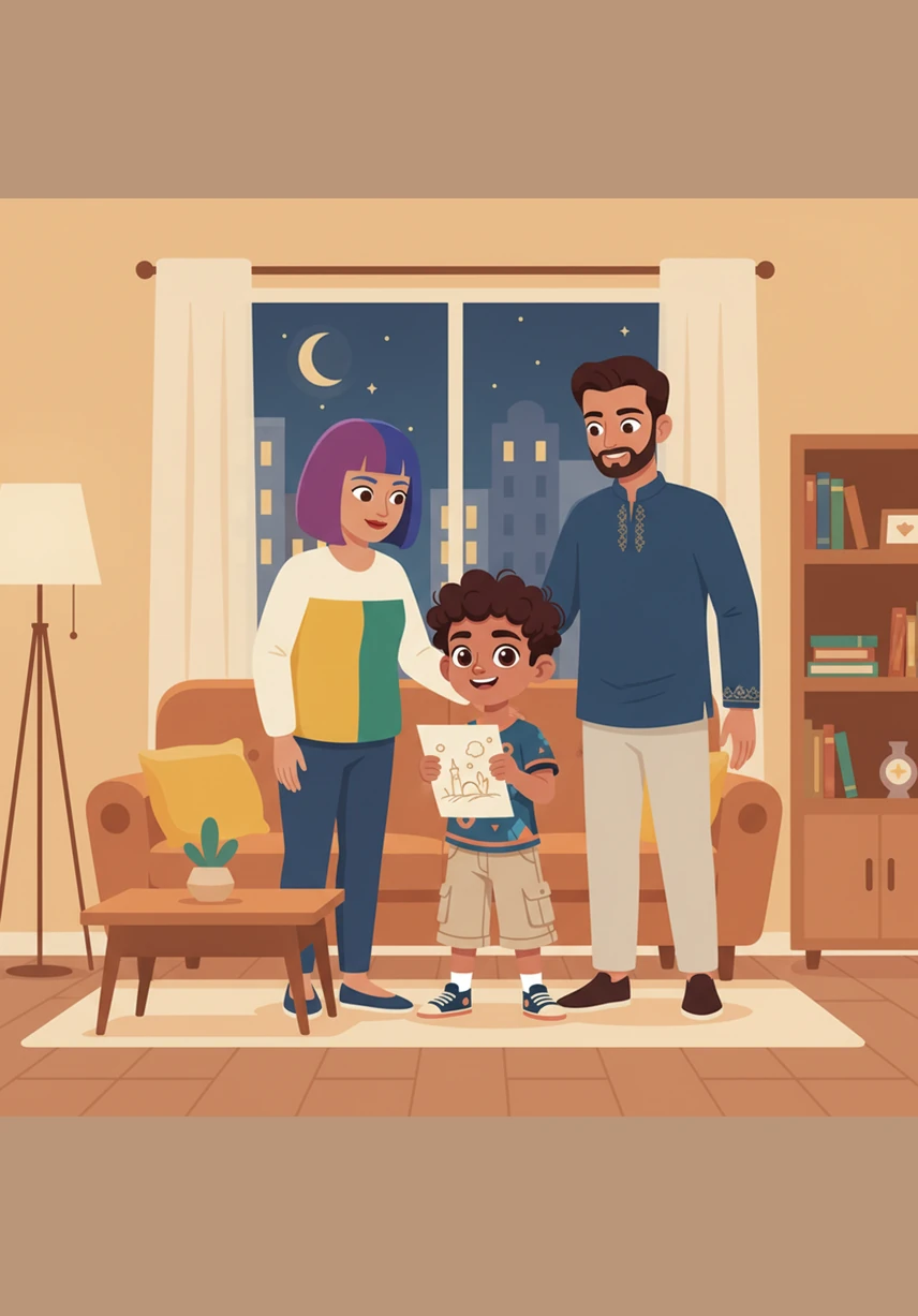 Later that evening, Omar decides to help his mother set the table for their family meal. He carefully carries a bowl of sweet dates and glasses of fresh milk to the table, wanting to be as helpful as possible.